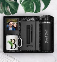 Kişiye Özel Siyah Çelik Termos & Kişiye Özel Defter & Deri Kılıflı Touch Pen Kalem & Kişiye Özel Harf Kupa & Kişiye Özel Fotoğraf Çerçevesi