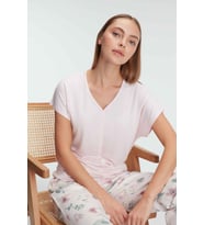 Kadın Kısa Kol V Yaka Viskon Çiçek Desenli Yazlık Örme Normal Bel Pijama Takımı (Renksiz)