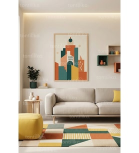 Modern Geometrik Şehir Silüeti Dekoratif Ahşap Çerçeveli Tablo – Salon Duvar Dekoru