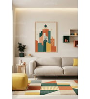 Modern Geometrik Şehir Silüeti Dekoratif Ahşap Çerçeveli Tablo – Salon Duvar Dekoru