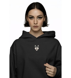 Husky Baskılı Siyah Kadın Hoodie – Oversize Kapüşonlu Sweatshirt