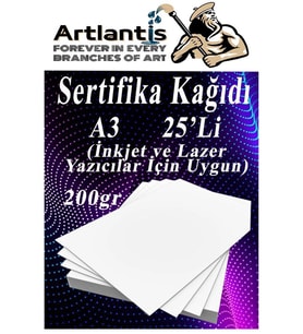 A3 Sertifika Kağıdı Kalın 25 Adet Gramajlı Fotokopi Kağıdı 200 gr Tüm Yazıcılara Uyumlu 29.7x42 cm Kalın Baskı Kağıdı (Beyaz)