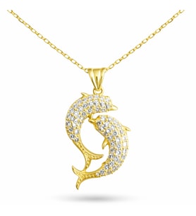 Gümüş Gold Çift Yunus Balığı Kadın Kolye