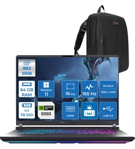 Asus Rog Strix G16 G615JH-RV053 Intel Core I5-13450HX 64GB 1tb Ssd+1tbssd 8GB/RTX5050 Gddr7 115W 16" Wuxga 165Hz 3ms IPS Windows 11 Home Taşınabilir Bilgisayar WRX053H28+ZETTAÇANTA