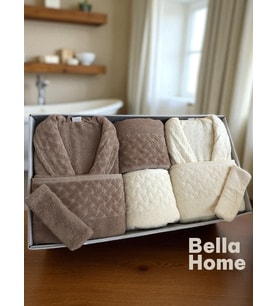 Bella Home 8 Parça Hasır Aile Bornoz Seti - Çeyiz Seti - %100 Pamuk - Orijinal Lüks Kutu