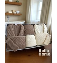 Bella Home 8 Parça Hasır Aile Bornoz Seti - Çeyiz Seti - %100 Pamuk - Orijinal Lüks Kutu (Camel-Ekru)