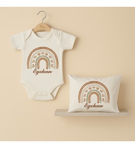 Pia Baby Premium %100 Pamuk İsme Özel Organik Baskılı Çıtçıtlı Bebek Body Ve Yastık Kılıfı 5043-19 (Ekru)