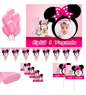Minnie Mause Çocuğunuza Özel Fotoğraflı Doğum Günü Süsleri Parti Seti Magnetli, 1 Yaş Minnie Doğum -
