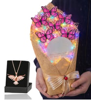 Renkli Led Işıklı Aynalı Kelebek Buketi ve Zümrüdü Anka Kuşu Kolye (Pembe)