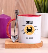 Kişiye Özel Yengeç Burcuna Hediye Ahşap Altlıklı Kırmızı Kupa Bardak