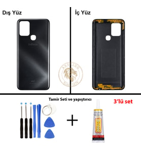 Infinix Hot 10 Siyah Uyumlu Arka Kapak + Yapıştırıcı ve Vida Seti Arka Cam Batarya Pil Kapağı