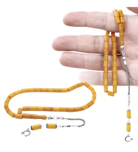 Ateş Kehribar Tesbih - 925 Ayar Gümüş Püsküllü - Mini Boy - Opak Sarı Renk - Kesme Kesim