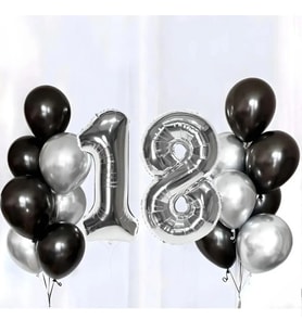 18 Yaş Doğum Günü Partisi Siyah Gümüş Folyo Helyum Balon Seti Erkek 18 Yaş Partisi-