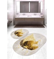Dijital Baskılı Kaymaz Taban Yıkanabilir Oval 2'li Klozet Takımı Banyo Paspası NOKZ-HY-1273 (Gold)