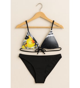 Kadın  Desenli Üçgen Bikini Takımı – Siyah Alt  Ayarlanabilir Bağlamalı 1001-52
