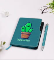 BK Gift Kişiye Özel Kaktüs Tasarımlı Turkuaz Termo Deri Defter Kalem Seti-3