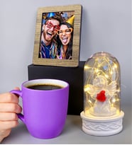 Kişiye Özel Set Mor Kupa Bardak, Led Işıklı Fanus ve Fotoğraf Seti (Model 3)