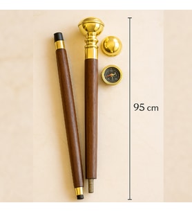 Pirinç Pusulalı Baston – 95 cm Ahşap ve Pirinç Detaylı Baston (Karışık)