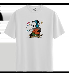 Skater Panda - %100 Pamuklu Erkek Beyaz Tişört - Premium Quality (Siyah - Beyaz)