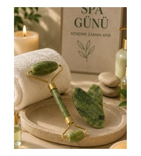 Jade Stone 2 Parça Yüz Masaj Seti – Gua Sha ve Roller Bakım Taşı