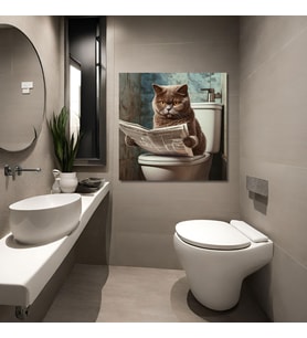 Tekli Kare Kanvas Banyo Tablosu Gazete Okuyan Gri British Kedi