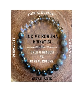 Doğal Taş Güç ve Koruma Mıknatısı Bilekliği (Kristal Kuvars, Hematit, Larvakit , Siyah Akik )