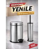 SAS Pedallı Banyo Çöp Kovası ve WC Fırçası Seti – Paslanmaz Görünümlü 2’li Tuvalet Seti 3 litre Krom