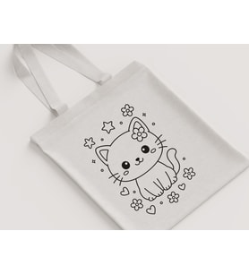 Sevimli Kedi Yavrusu Yıldız Çiçekli Desenli Kız Çocuk Omuz Çantası Hediyelik Boyanabilir Ham Bez Çanta