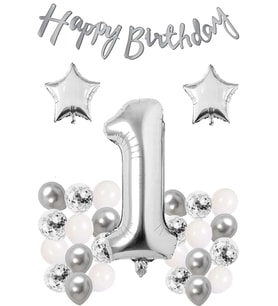 Gümüş Konsept Doğum Günü Kutlama Seti Beyaz Gümüş Konfetili Balon Rakam Yıldız Folyo Ve Banner