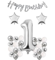 Gümüş Konsept Doğum Günü Kutlama Seti Beyaz Gümüş Konfetili Balon Rakam Yıldız Folyo Ve Banner