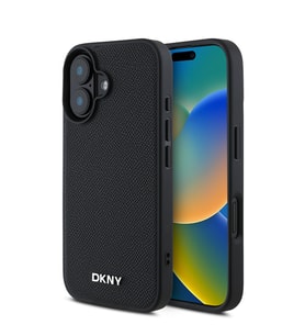 Apple iPhone 16 Uyumlu Kılıf DKNY Orjinal Lisanslı M-safe Şarj Özellikli Metal Logolu PU Deri Grained Kapak (Siyah)
