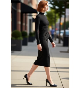 Kadın Uzun Kollu Bodycon Siluet Dik Yaka Midi Örme Elbise Drape Detaylı Kışlık Şıklık Kaliteli