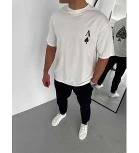 Unisex Bisiklet Yaka Baskılı Oversize T-Shirt - Beyaz