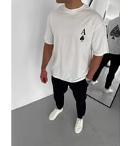 Unisex Bisiklet Yaka Baskılı Oversize T-Shirt - Beyaz