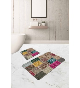 Renkli Patchwork Banyo Halısı Klozet 2'li Paspas Seti BS294