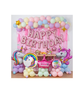 Lüks Unicorn Pembe Doğum Günü Süsü, Unicorn Folyo Balonlar Dolu Dolu Doğum Günü Parti Seti