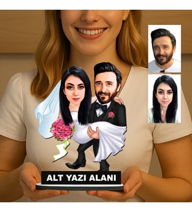 Kişiye Özel 2 Kişilik Gelin Damat Düğün Konseptli Sevgili Karikatürlü 18 cm MDF Masaüstü Biblo - Sevgiliye ve Eşe Hediye Çiftlere Özel Hediye