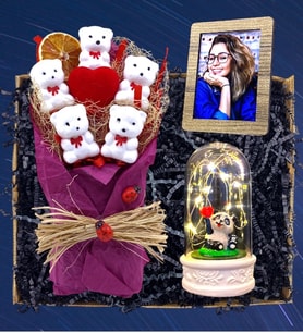 Size Özel Fotoğraflı Ayıcıklar Buketi & Led Işıklı Pandalı Fanus  FUŞYA