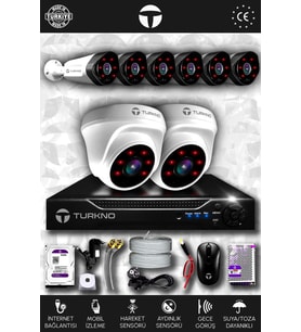 TURKNO 8 Kameralı Galia 2 İç Kamera Set 250 GB HDD Full HD Gece Görüşlü Güvenlik Kamerası Sistemi