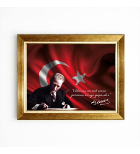 Tablore Atatürk Tablosu Gold Çerçeveli Türk Bayraklı Kanvas Ofis Ev Duvar Dekorasyonu