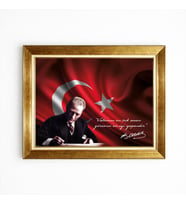 Tablore Atatürk Tablosu Gold Çerçeveli Türk Bayraklı Kanvas Ofis Ev Duvar Dekorasyonu