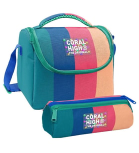 Coral High Kız Çocuk Yeşil Mavi Pembe Renkli Çizgili Thermo Beslenme Çantası ve Üç Bölmeli Kalemlik Seti