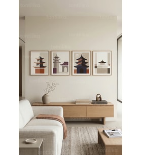 Minimalist Uzak Doğu Mimari 4’lü Ahşap Çerçeveli Tablo Seti