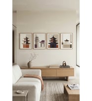 Minimalist Uzak Doğu Mimari 4’lü Ahşap Çerçeveli Tablo Seti