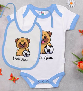 BK Kids Kişiye Özel Futbol Tasarımlı Mavi Bebek Body Zıbın ve Mama Önlüğü Hediye Seti-2