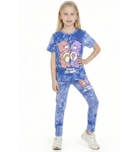 Kız Çocuk Ayıcık Baskılı Batik Desenli Alt-Üst Takım 3-10 Yaş 12546 MODANINO (Saks Mavisi)