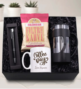 Kişiye Özel Baskılı Kupa & Gümüş Detaylı Siyah Tükenmez Kalem & Siyah French Press & Colombian Taze Filtre Kahve Hediye Seti
