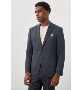 Koyu Lacivert Desenli Örme Mono Yaka Astarsız Esnek 6 Drop Slim Fit Casual Ceket 1002245159