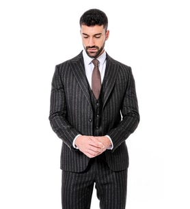 Çizgili Yelekli Siyah Slim Fit Erkek Takım Elbise - Wessi