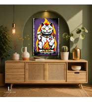 Dikey Kanvas Tablo Şans Kedisi Maneki Neko İllüstrasyon Tablo Ev Ofis Duvar Dekoru